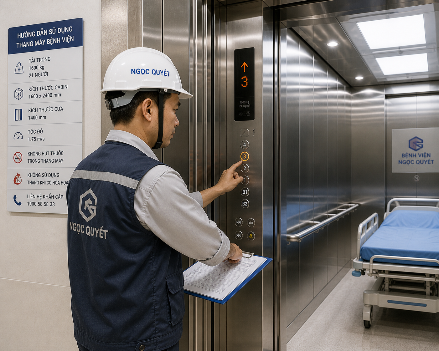Kỹ thuật viên Ngọc Quyết vận hành thang máy bệnh viện chở giường bệnh inox hiện đại